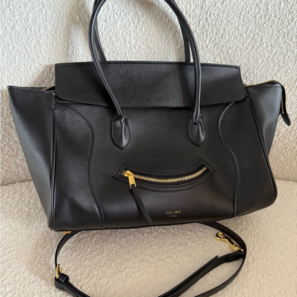 Celine Inspired Large Luggage Smiling Black Leather Tote Bag with Gold Hardware